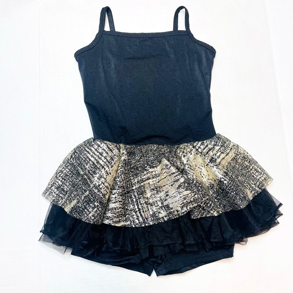 Black Metallic Gold Girl’s Skirted Competition Gym Dance Leotard Size CME